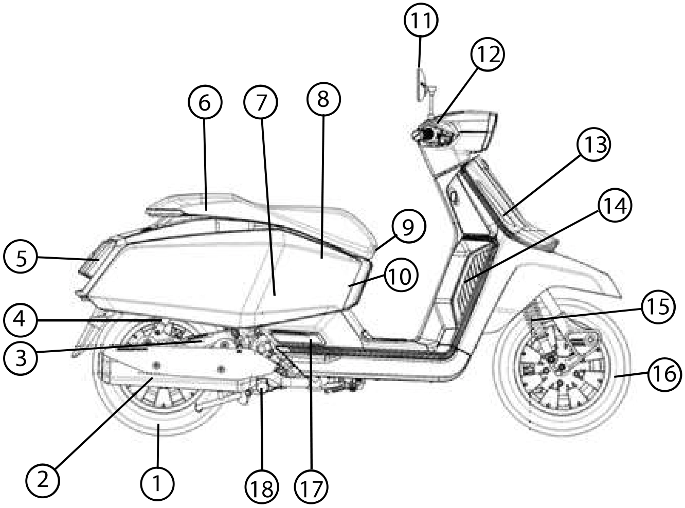 X300 右側視圖，標示 1 至 18 號車身與底盤部件位置