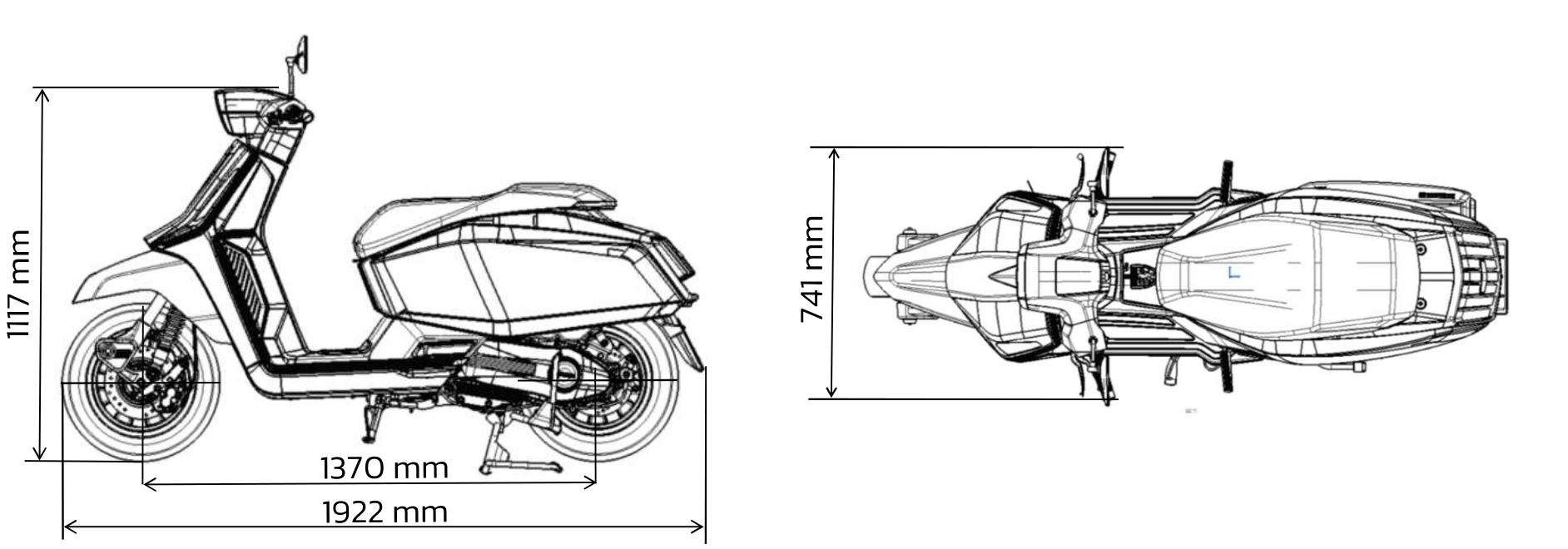 X300 車身尺寸圖,標示車高 1117 mm、軸距 1370 mm、車長 1922 mm 與車寬 741 mm